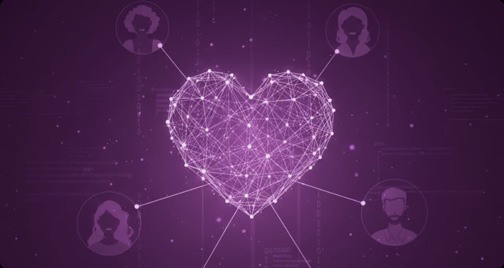 Digital wireframe heart connected to profile avatars, representing AI-powered matching.
