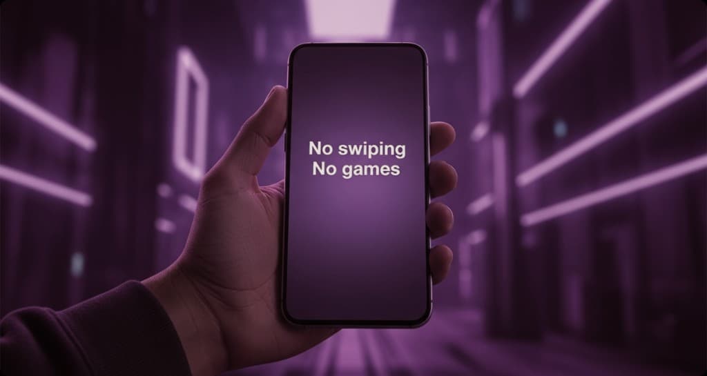 Hand holding a phone with on-screen text: No swiping, no games.
